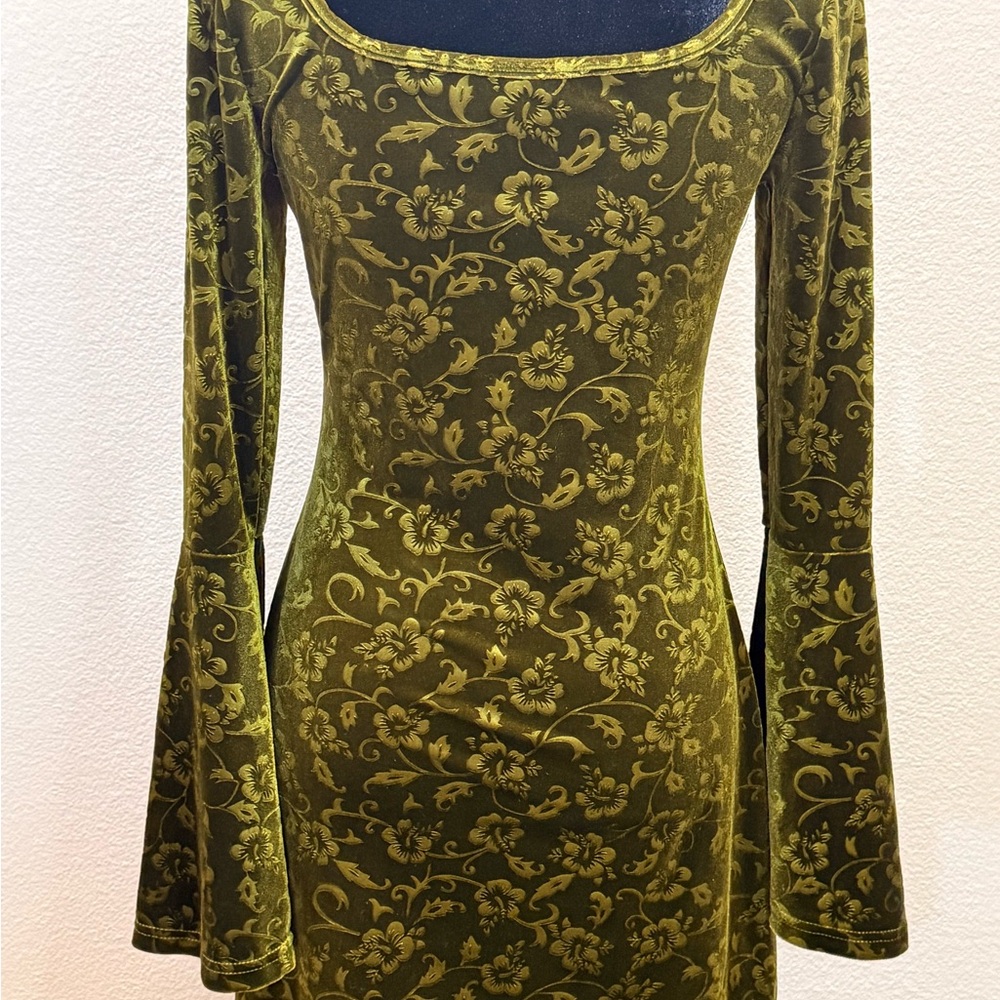 Cider Olive Green Floral Velvet Long-Sleeve Dress - Picture 2 of 4